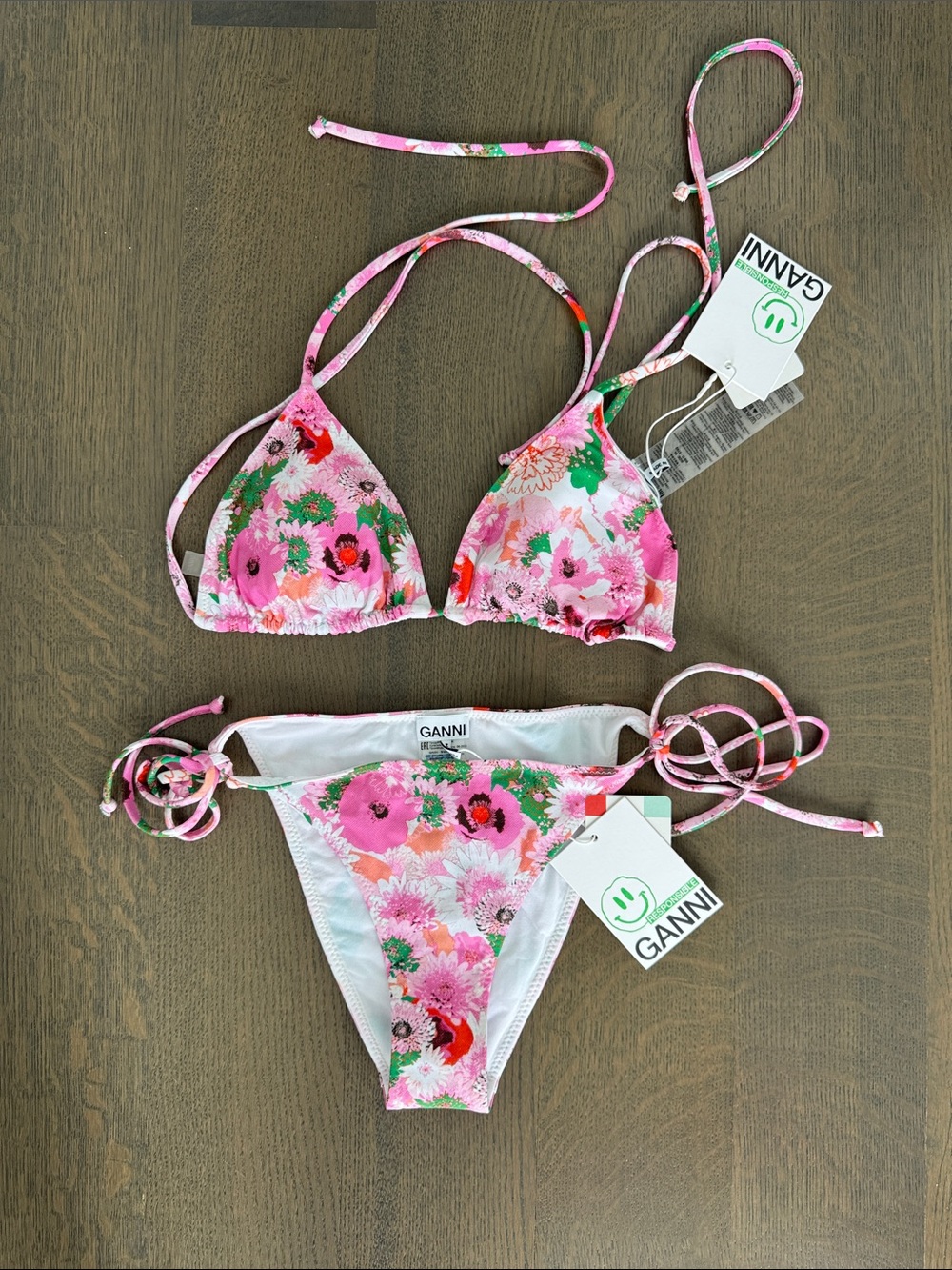 NWT. Full Set Ganni Pink Floral Tie-Side Kids Bikini with Green Accents, Size 2